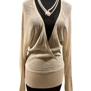 Cache Gold Knit Metallic Peek A Boo Faux Wrap Top New Banded Bottom NWT $98